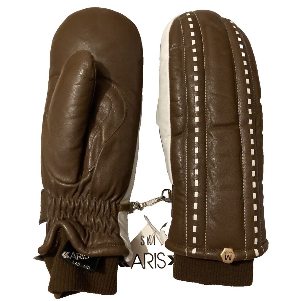 Aris Brown Soften Leather Insulated Ski Mittens Womens Medium Knit Cuff Hook